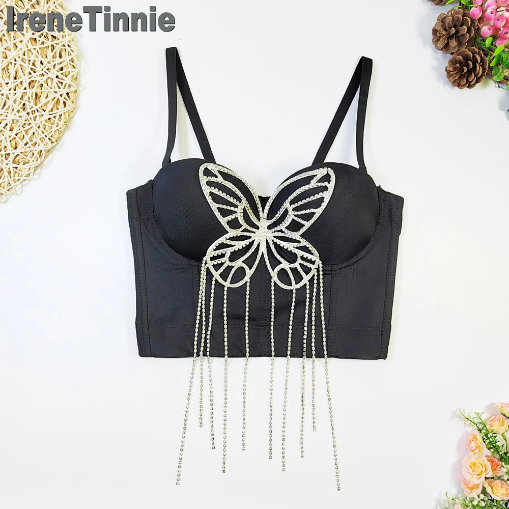 IRENE TINNIE Female Party Fashion Vest Crop Tops Built In Bra Butterfly Rhinestone Tassel Corset Top Suspenders Black Bustier