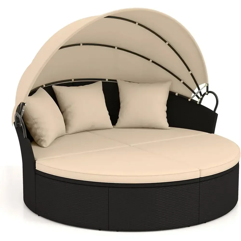 Round Outdoor Daybed with - Wicker Sectional Soa Sunbed w/Cushions & 3 Pillows, Rattan Clamshell Contion Lounger Separated Seati