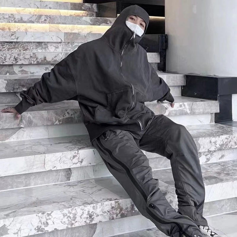 Jaqueta com capuz unissex estilo ninja, com zíper, estilo hip hop, streetwear, lavada, oversized, com capuz.
