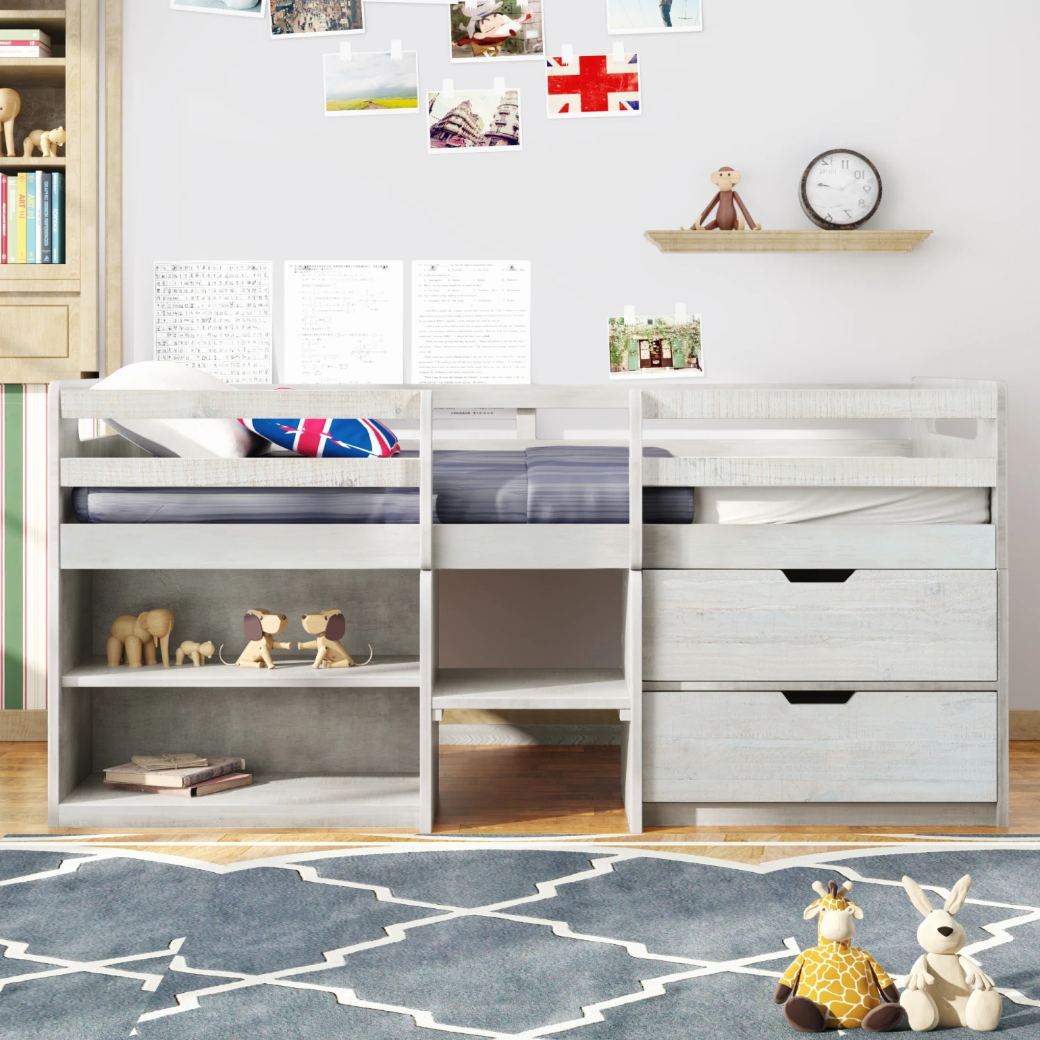 

Twin Loft Bed w/ Shelves & Drawers - Antique White