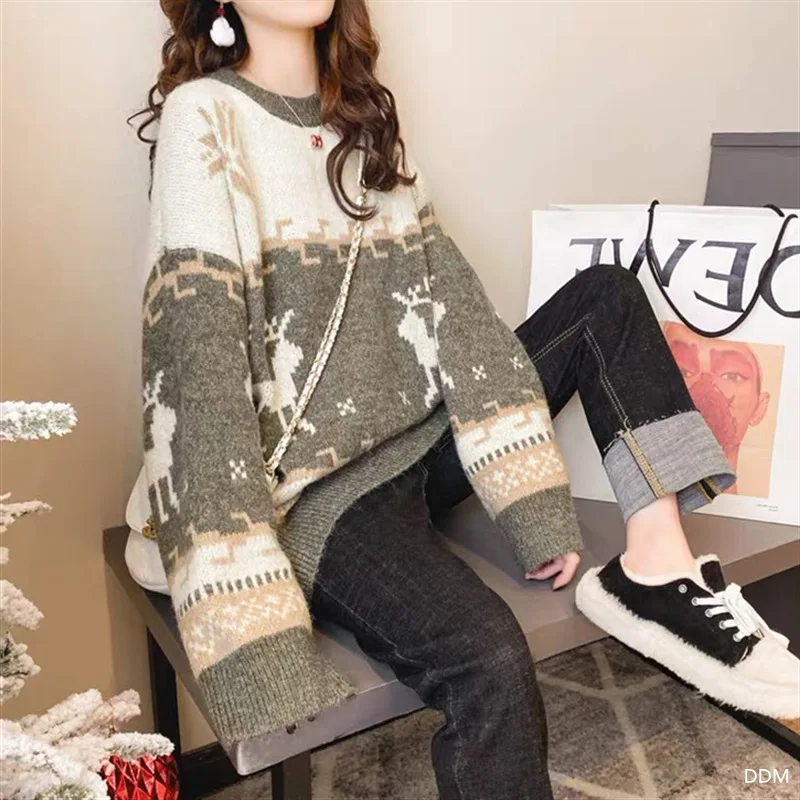 Women Autumn and Winter Korean Style New Crew Neck Sweater Christmas Fawn Printing Splicing Loose Casual Warm Long-sleeved Tops