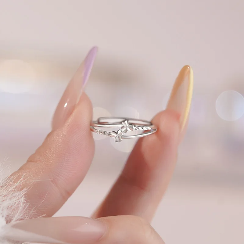 Women Double Layer Three Leaf Flower Adjustable Open Rings Forest Style Daily Finger Jewelry