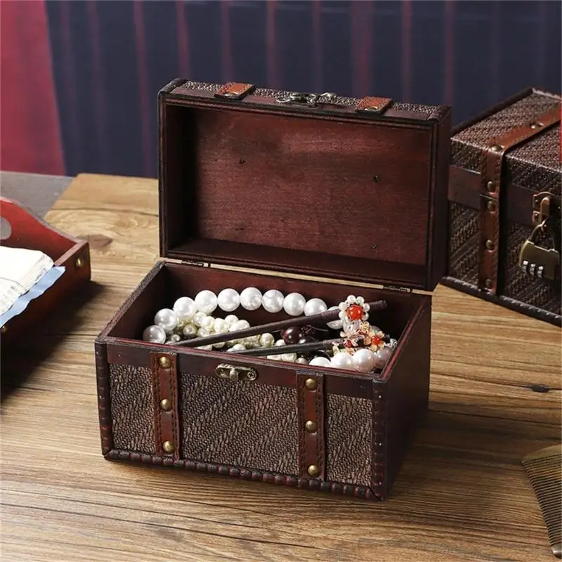 Vintage Wooden Jewelry Storage Box Travel Wood Necklace Bracelet Rings Storage Suitcase Retro Treasure Chest Jewelry Display Box