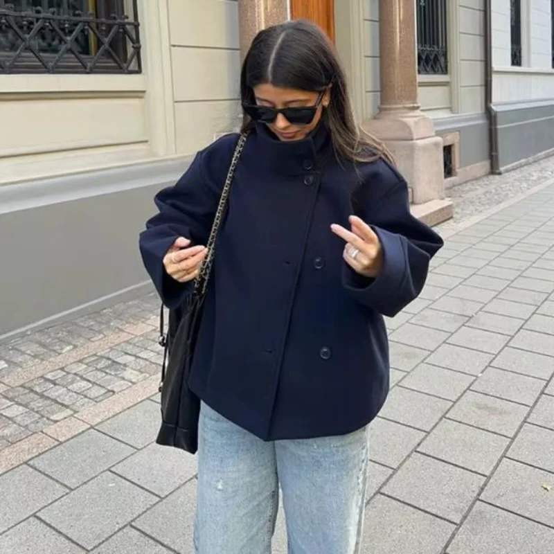Dunkelblaue Wolljacke für Damen, 2025, Frühling, einreihig, Stehkragen, lockerer weiblicher Mantel, Bürodame, Straße, kurze Oberbekleidung, Tops – Detail 21