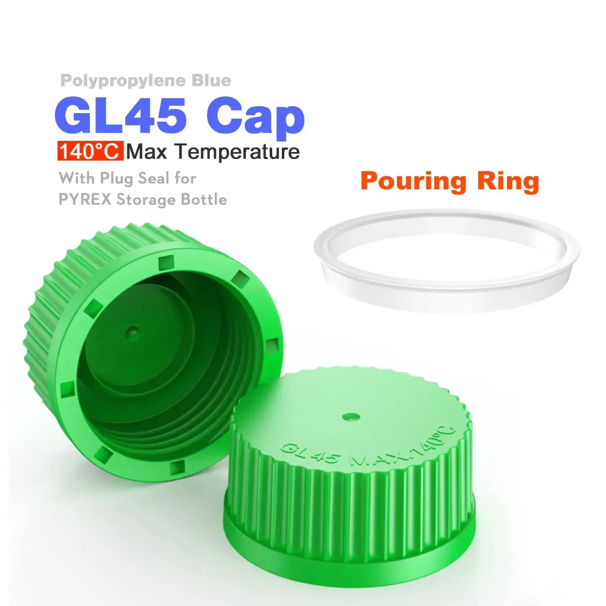 GL45 試薬ボトルキャップ、実験用ガラスボトルキャップ用の注ぎリング付き、ポリプロピレン、GL45 スクリューキャップ、45mm、5 個/パック