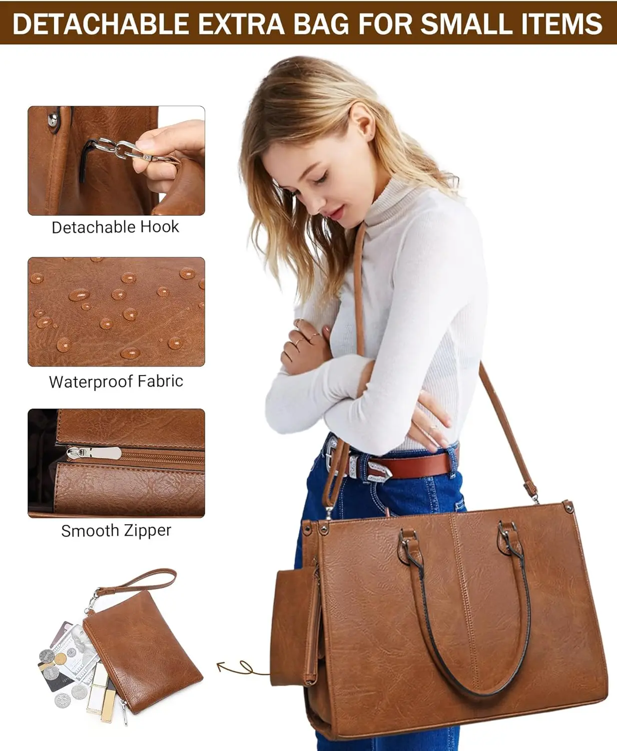 2 in 1 Laptop Tote Bag with Insulated Lunch Compartment for Women Work, PU Leather Lunch Bag with 15.6 Inch Computer Compartment view 4