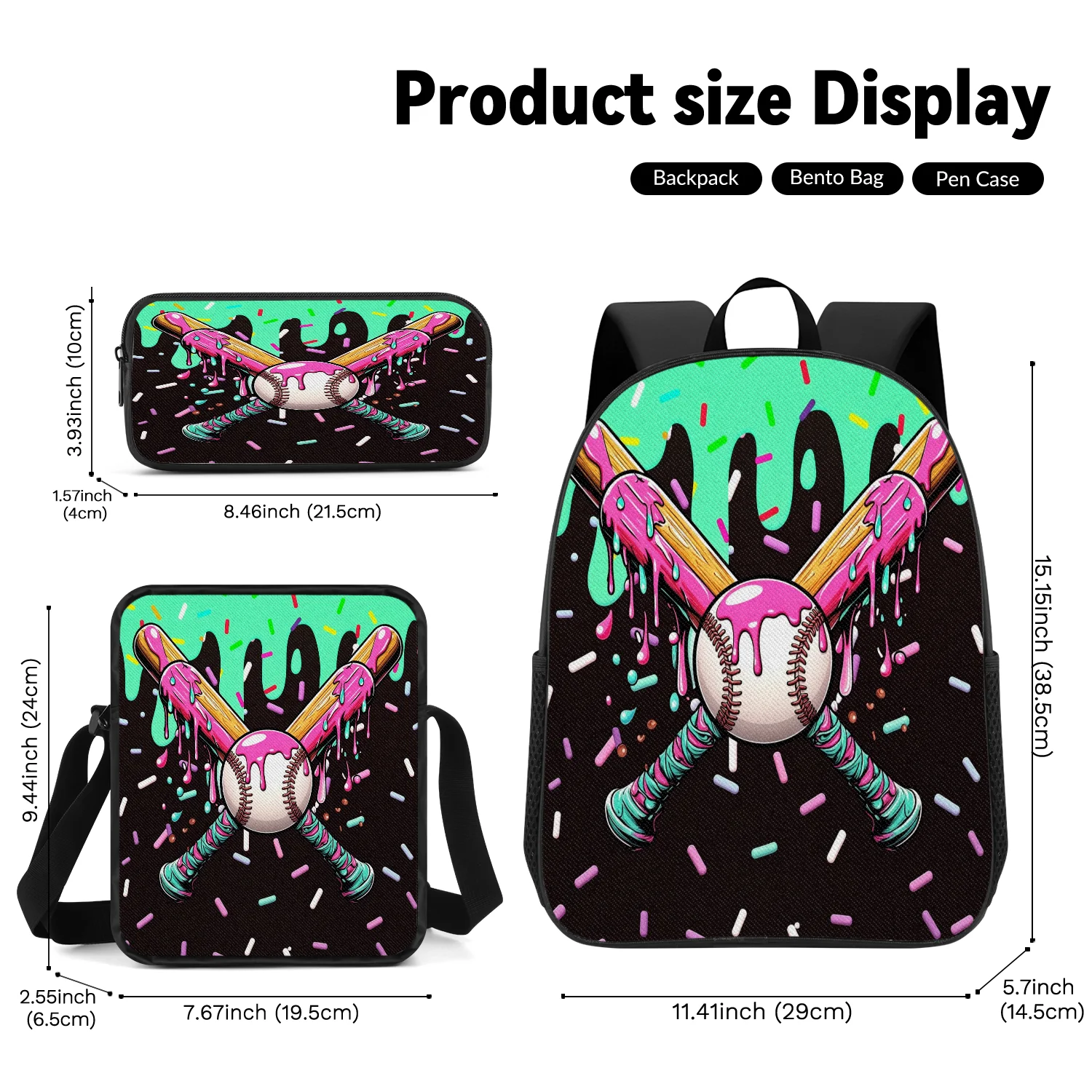 3-Piece Candy Drip Baseball Print Backpack Set, Includes Backpack, Crossbody Bag and Pencil Case, Lightweight Unisex