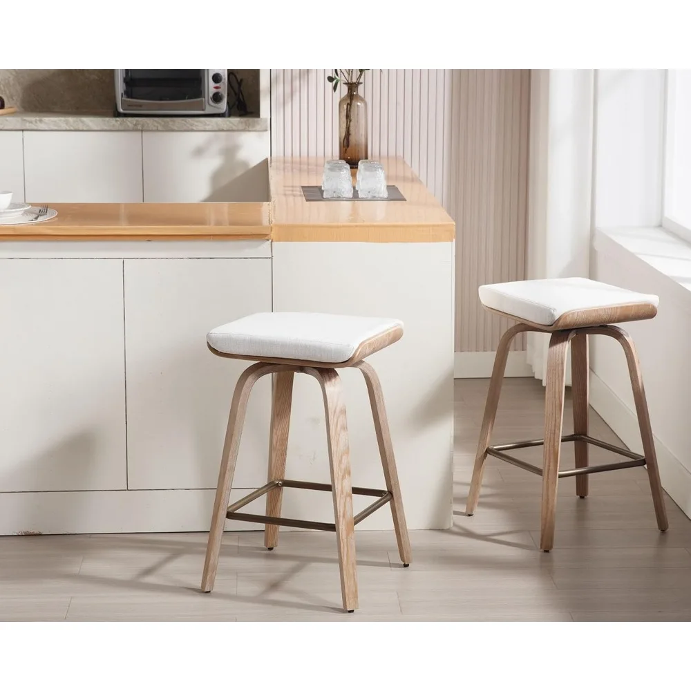 Conjunto de 4 bancos de bar giratórios sem encosto com altura de balcão de 26" com pernas de madeira e apoio para os pés, para bar doméstico