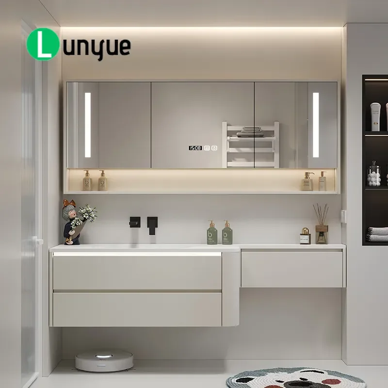 Cream Style DuPont Corian Integrated Basin Bathroom Cabinet with Extended Side Table for Face Washing Modern Vanity Unit