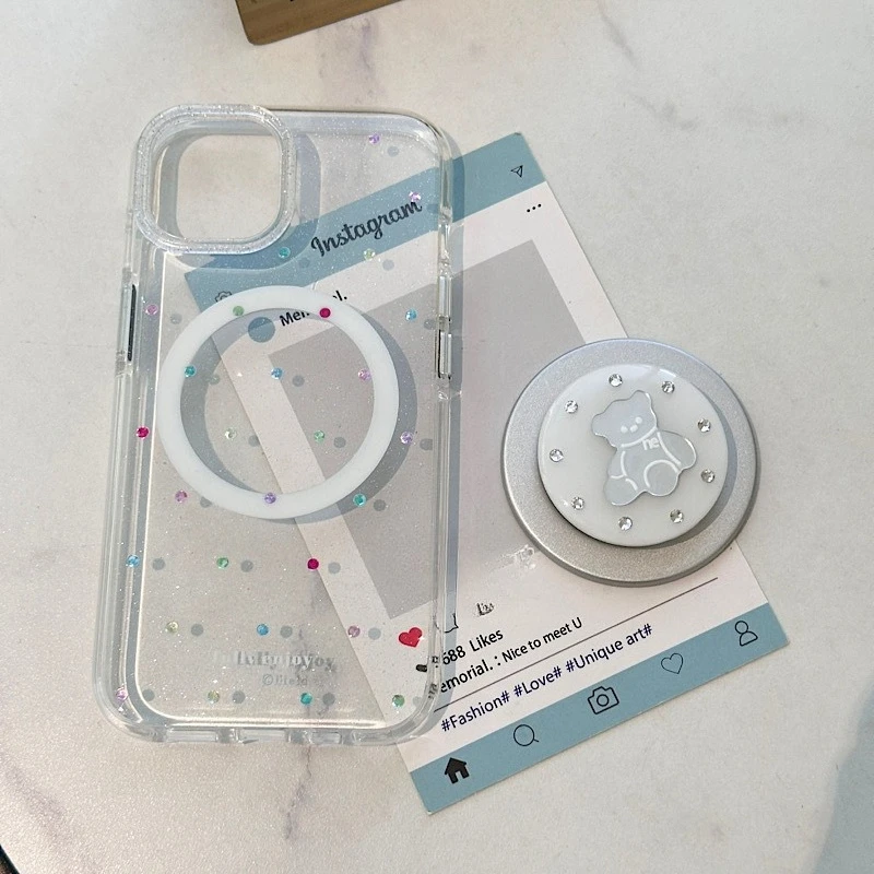 

Mirror Bear Heart Phone Stand Grip Tok Griptok Japan Phone Holder For iPhone 16 17 15 Phone Pro Max Korean Phone Stand Holder
