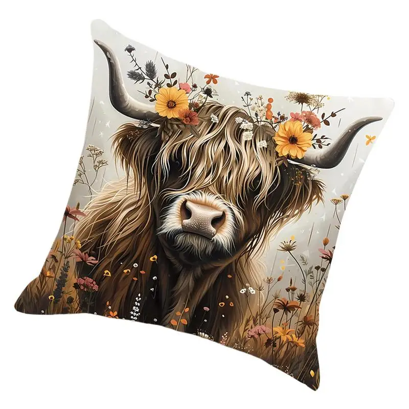 Highland Cow Cushion Cover Decorative Animal Print Pillowcase Sofa Flower Highland Cow Animal Pillow Case For Kids Room