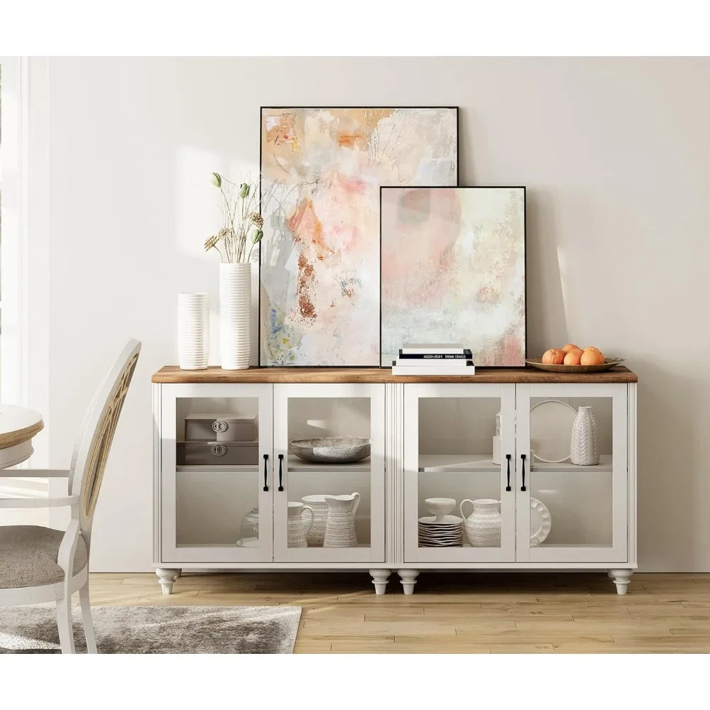 Buffetschrank mit 4 Glastüren, großer Couchtisch, Holzküchenschränke mit Aufbewahrungsschränken, modernes Bauernhaus