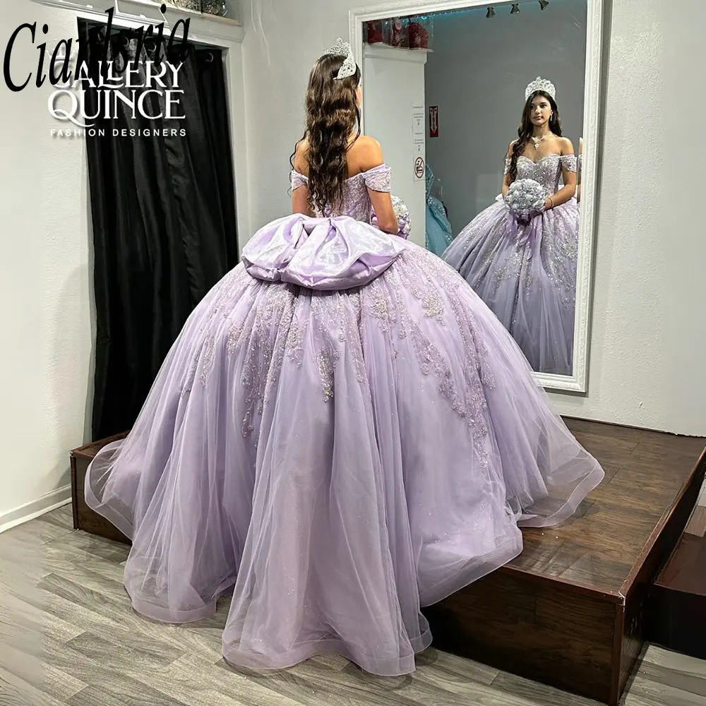 Lilac Off The Shoulder Bow Quinceanera Dresses Ball Gown Appliques Lace Beading Corset Vestidos De XV Anos