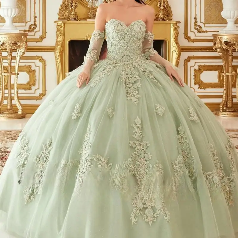 

Customized Shiny Mint Green Quinceanera Dresses Tull Elegance 3D Flower Decal Applique Strapless Dress Vestidos De 15 Anos 24
