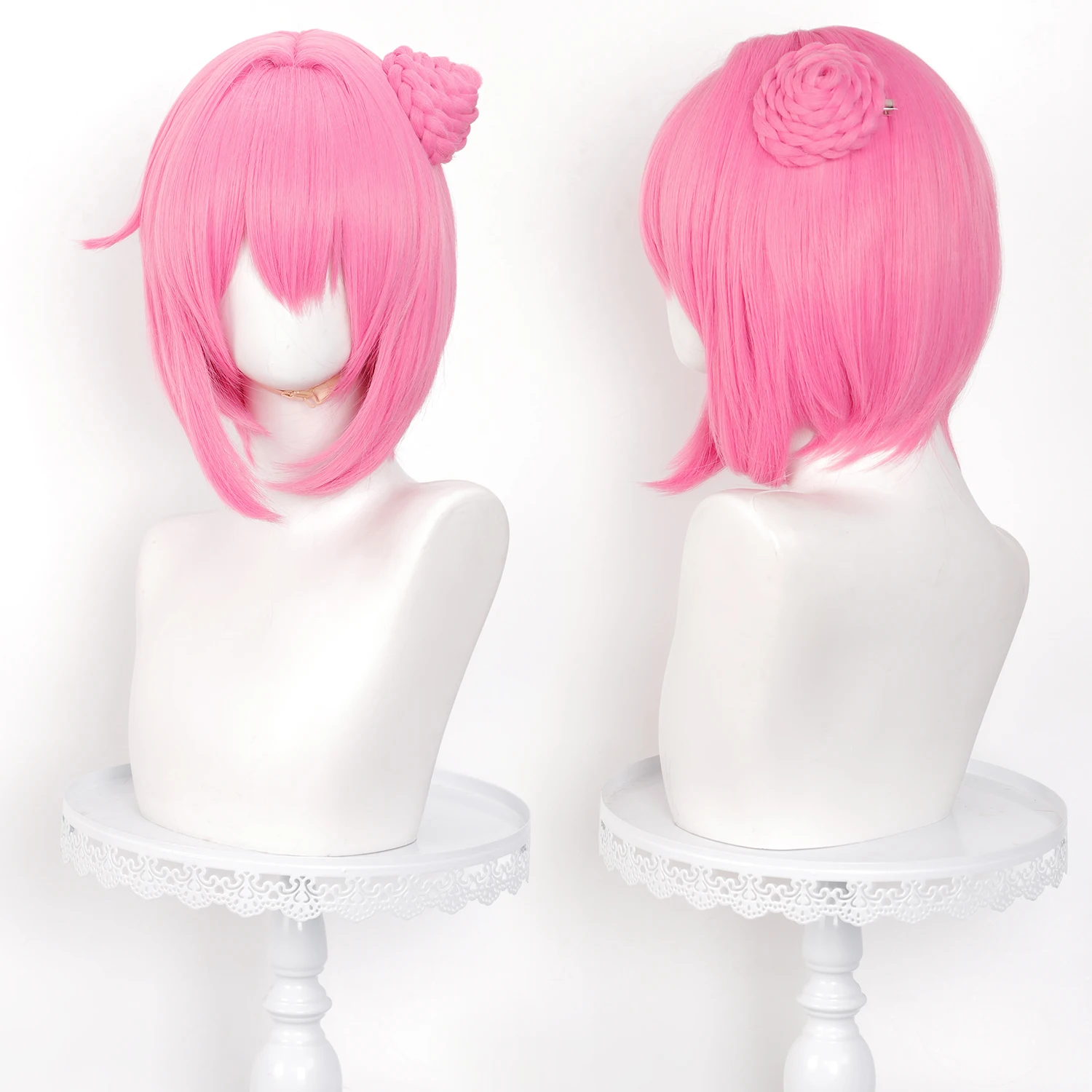 32cm Fashion Pink Bob Wig with Removable Bun  Synthetic Hair for Anime Role Play & Daily Costume Events