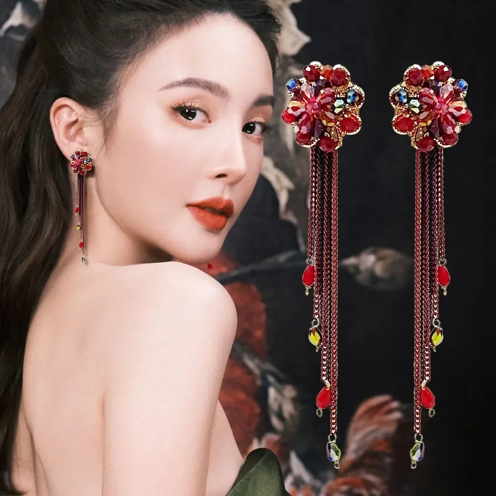 2025 Ethnic Hand-woven Tassel Earrings Bohemian Long Flower Pendant Earring for Women Christmas Gifts