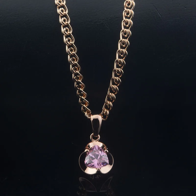 Fashion Jewelry Women  585 Rose Gold Color Pink Stone Flowers Pendant  And Chains