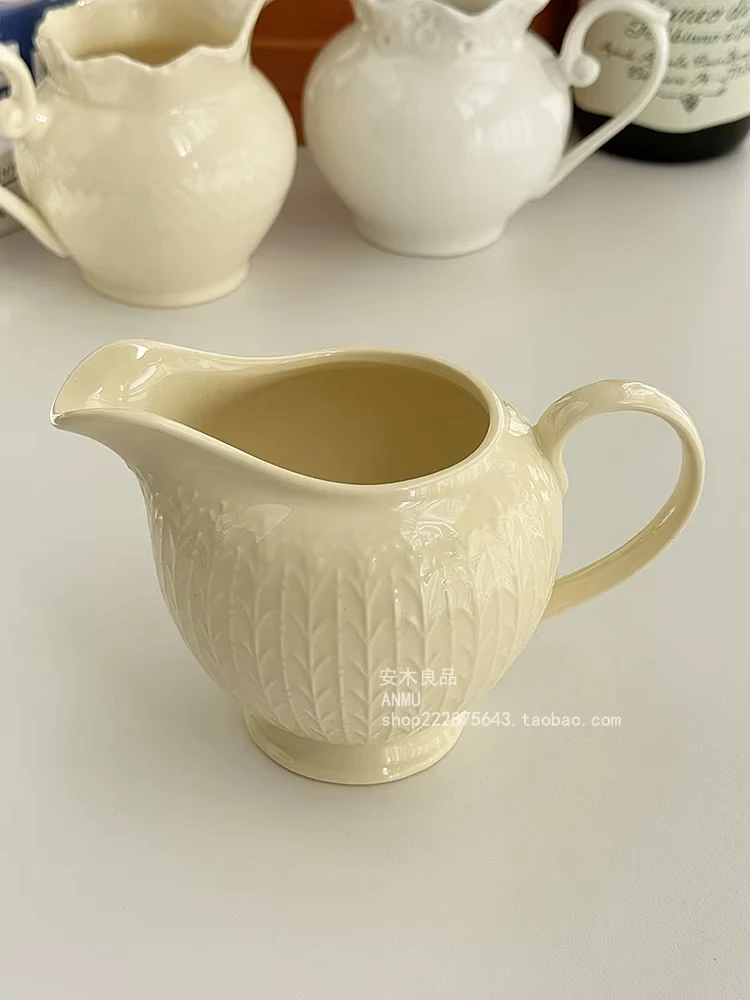 

Heavy Industrial Embossed French Ceramic Jug Delicate Design Coffee Mug Juice Bucket for Coffee Tea Milk Kitchen Use