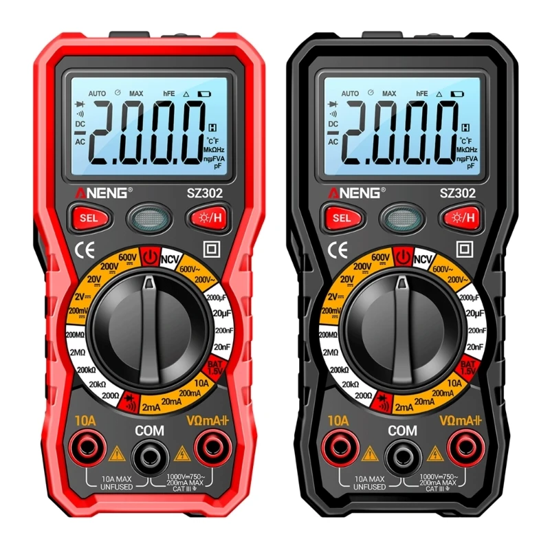 Digital Multimeter with Flashlight & Anti-burn Function Voltage Meter Ohmmeter Auto-Ranging Tester for Household DropShipping