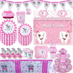 My First Tooth Pink Theme Birthday Party Decorations Disposable Balloon Banner Cake Toppers Party Supplies Kid Baby Shower Gifts
