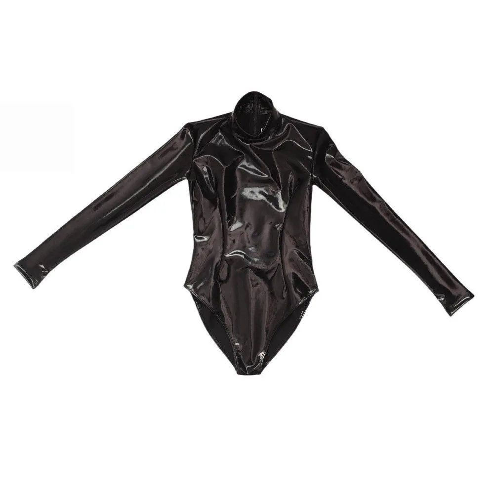 Shiny PU Leather Turtleneck Bodysuit S-5XL PVC Catsuit Straitjacket Cosplay Body Teddy Back Zipper Swimsuit Leotard Clubwear Top