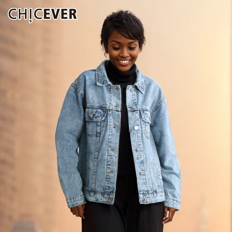 

CHICEVER Streetwear Denim Coat For Women Lapel Collar Long Sleeve Loose Fashion Solid Patchwork Bottom For Female Coats Style