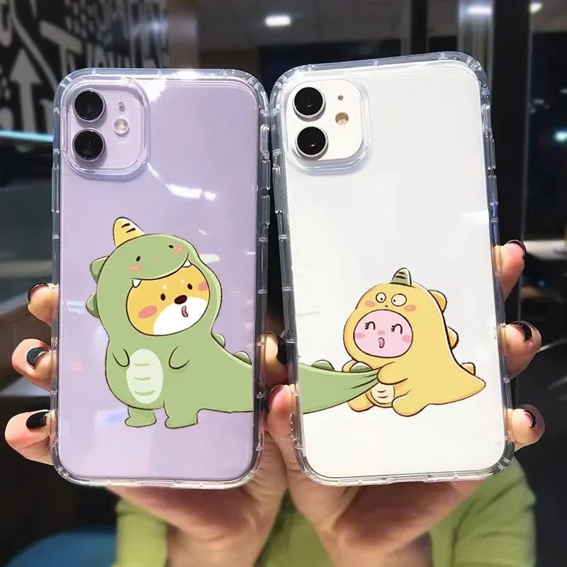 Cute Dinosaur Couple Phone Case For iPhone 16 15 14 13 12 11 Pro Max Mini SE 7 8 Plus Shockproof Paired Transparent Cover Fundas