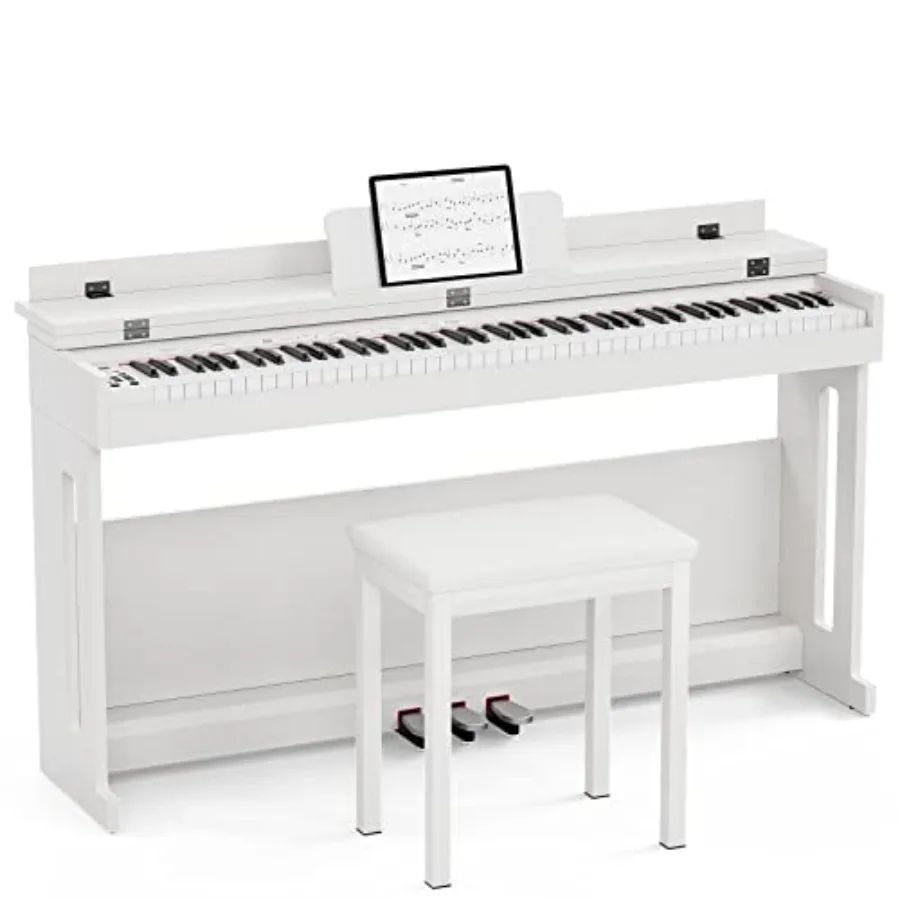 Piano Digital de 88 Teclas Contrapesadas con Banco para Piano, Piano Eléctrico con Acción de Martillo, Soporte para Piano, Conector para Auriculares, 3 Pedales, Tamaño Completo E