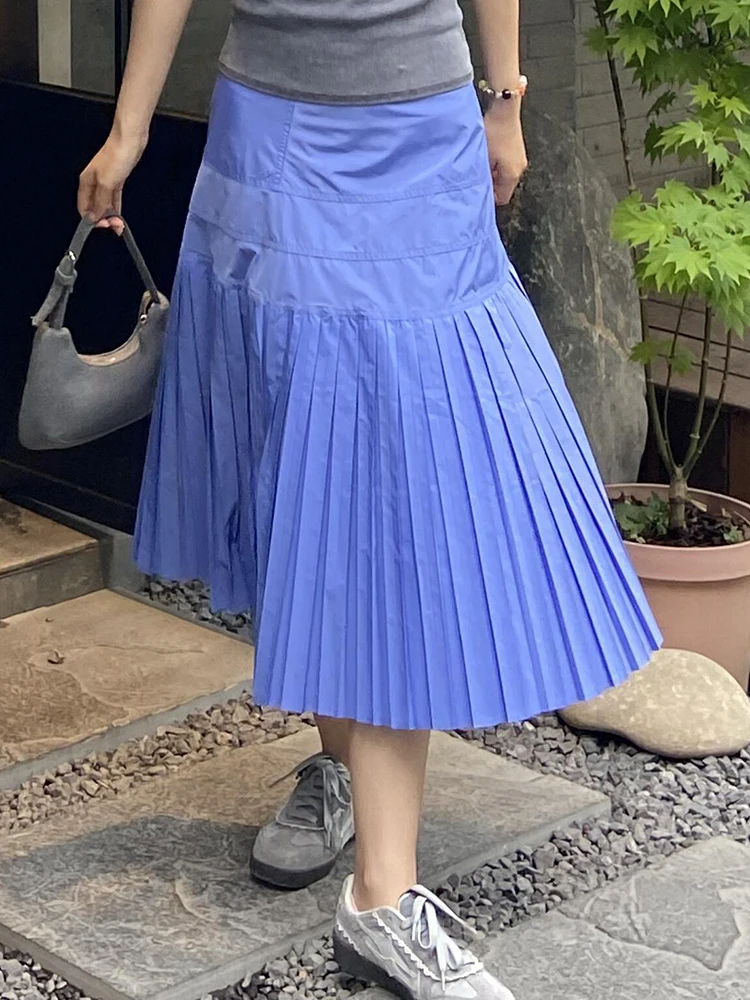 PBAP Blue Women's Pleated Skirt A-line Patchwork Thin Flowy High Waist Slim Fit and Flare Midi Long Skirt Korean Casual Clothes