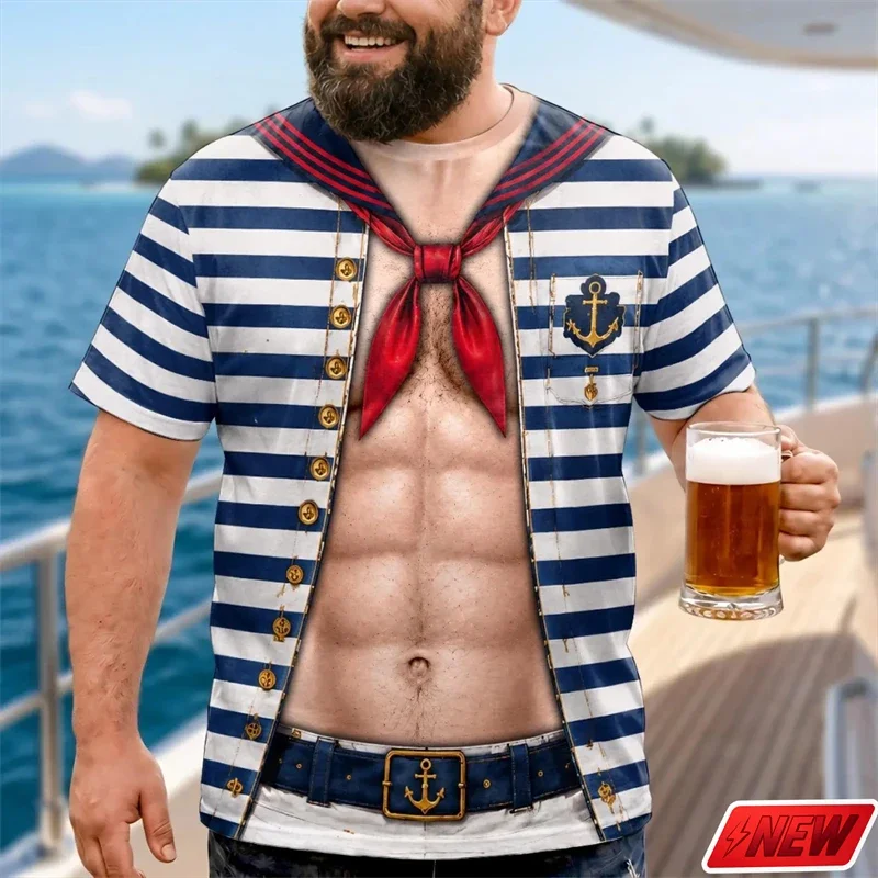 Kreatives, lustiges T-Shirt für Herren – Matrosenuniform, Piratenschädel, Schiff, Anker, 3D-Druck, große Größe, kurzärmelig – Kostüm-Party-Oberteil – Detail 22
