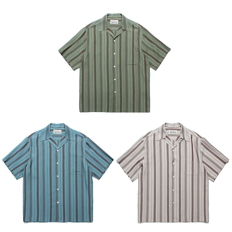 Summer Formal WACKO MARIA Stripes Colorblocking Shirt Hawaii Short Sleeve Shirt Men's Women's Casual Vacation WACKO MARIA Shirt