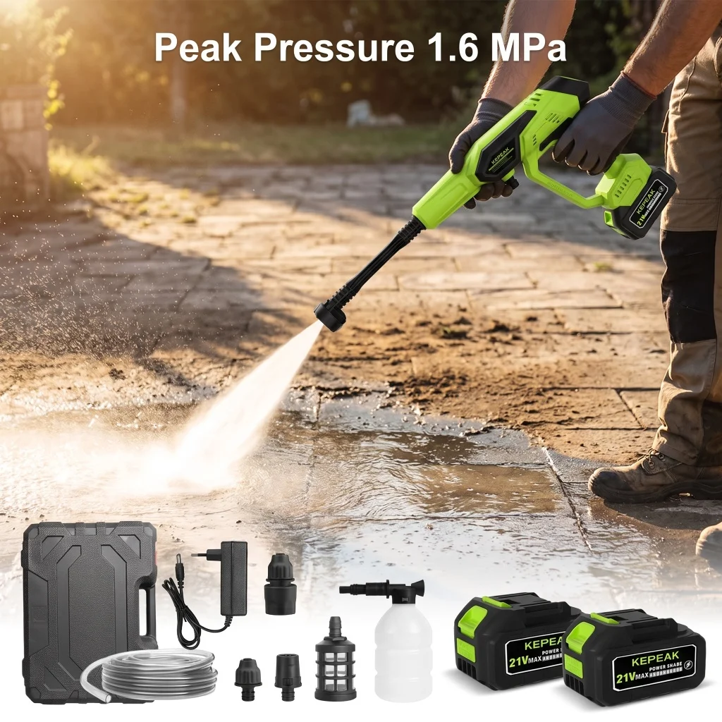 21V Cordless High Pressure Washer Gun,200W 755 Brushed Copper Motor 14 Plunger,1.4-1.6MPa Peak Pressure,2Pcs 10-Cell 13000mAh Large Battery,6-in-1 Spray Nozzle,5M Water Hose Foam Pot,Portable Hard Carry Wireless Power Washer for Car Garden Patio Fence