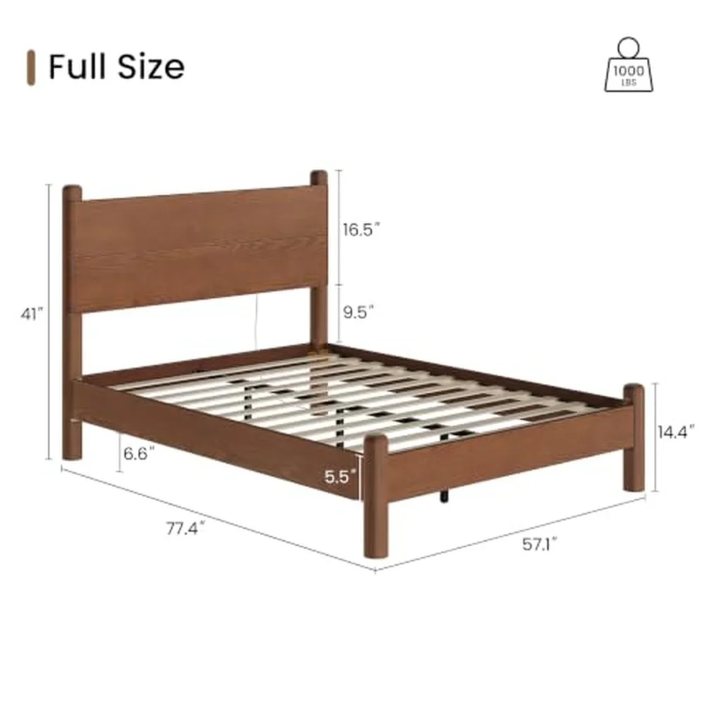 Solid Wood Full Size Bed Frame with Tall Headboard Brown