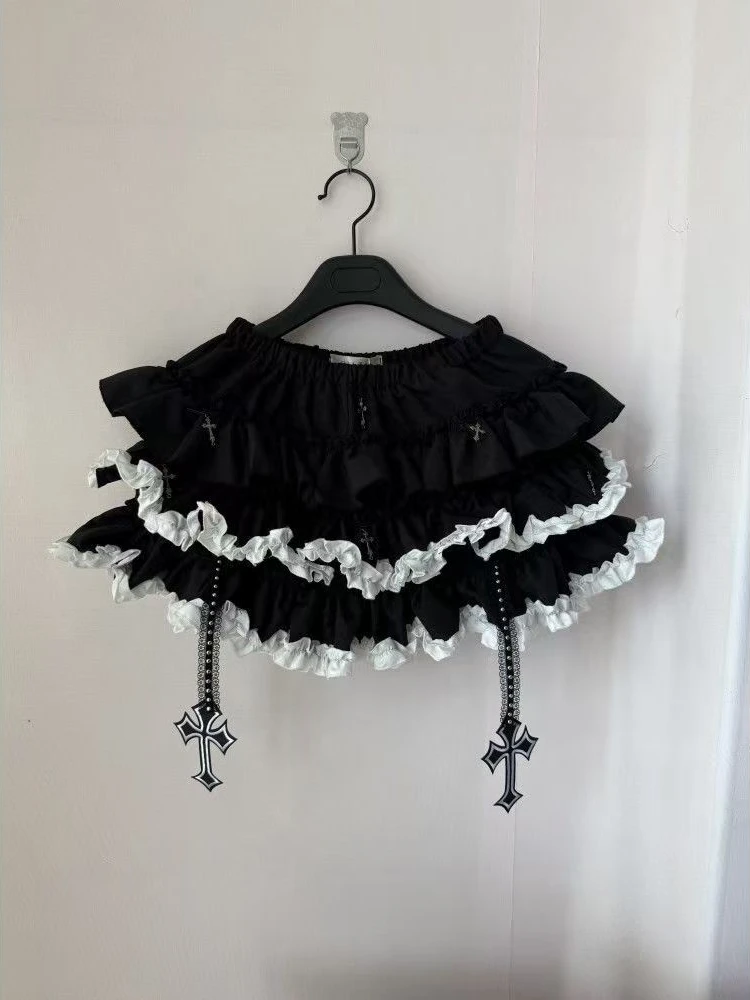 

Gothic Y2k Design Elastic Waist Short Skirt Women High Street Hot Girl Cross Ruffle Thin Skirt Female Hepburn Chic Darkly Skirts