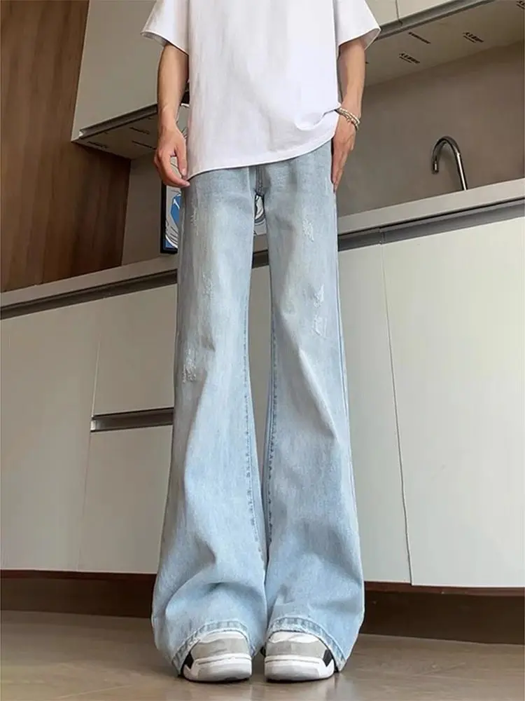 

Light Blue Curved Blade Men's Jeans High Street Spring Loose Wide Leg Long Pants Straight Tube Micro Flared Casual Denim