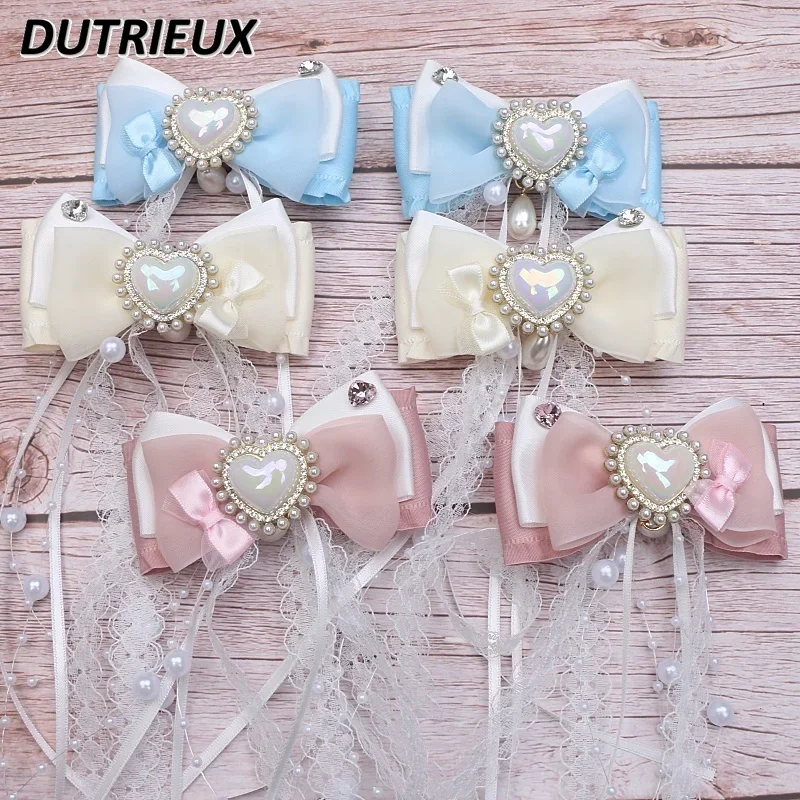 

Sweet Cute Hair Clips for Girls Pearl Tassel Bow Double Hairpin Fashion Ladies' Hairclips 2024 New Women's Accessories