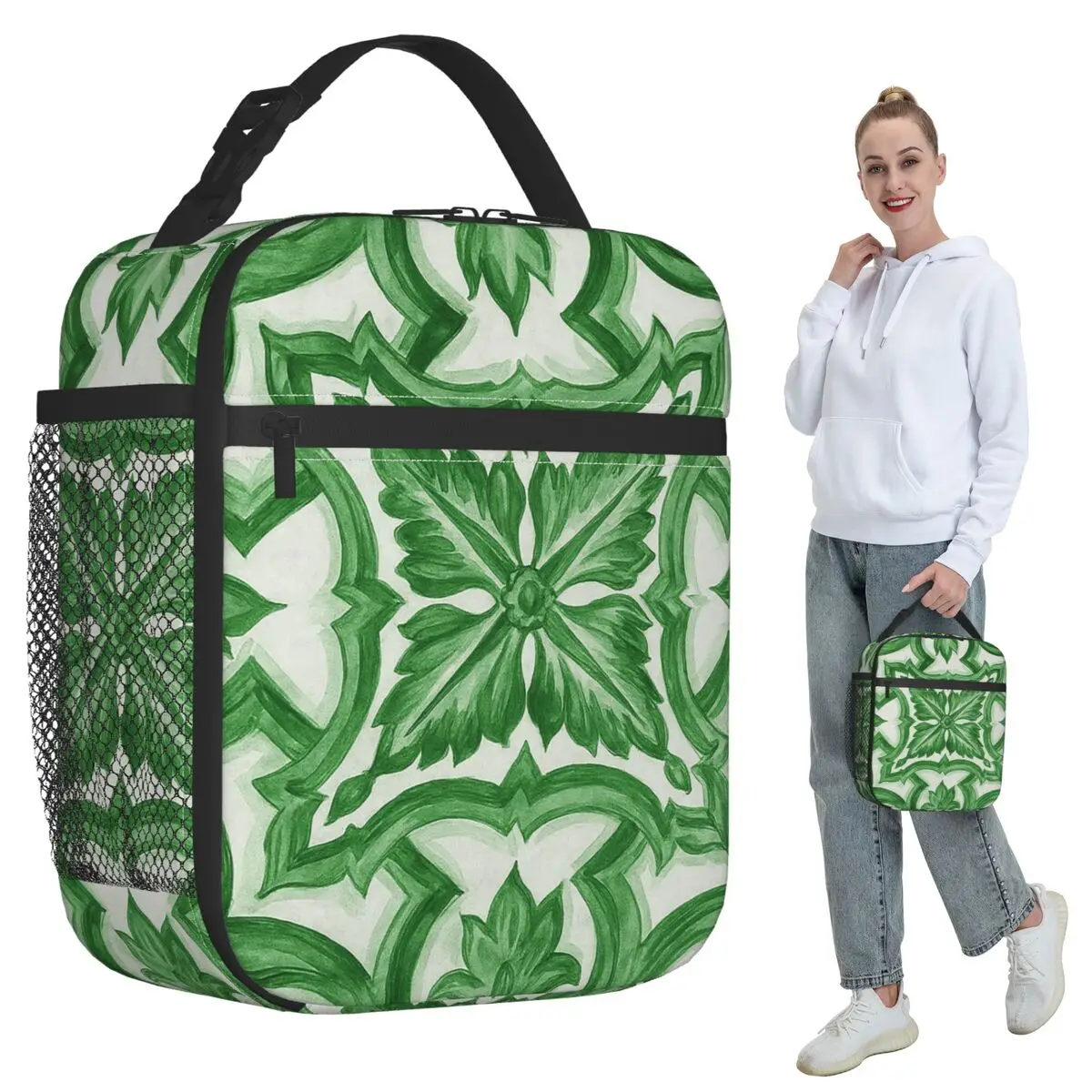Green Ornate Floral Mediterranean Sicilian Tile Insulated Lunch Bag for Women Office Cooler Thermal Food Box Tote Lunch Boxes