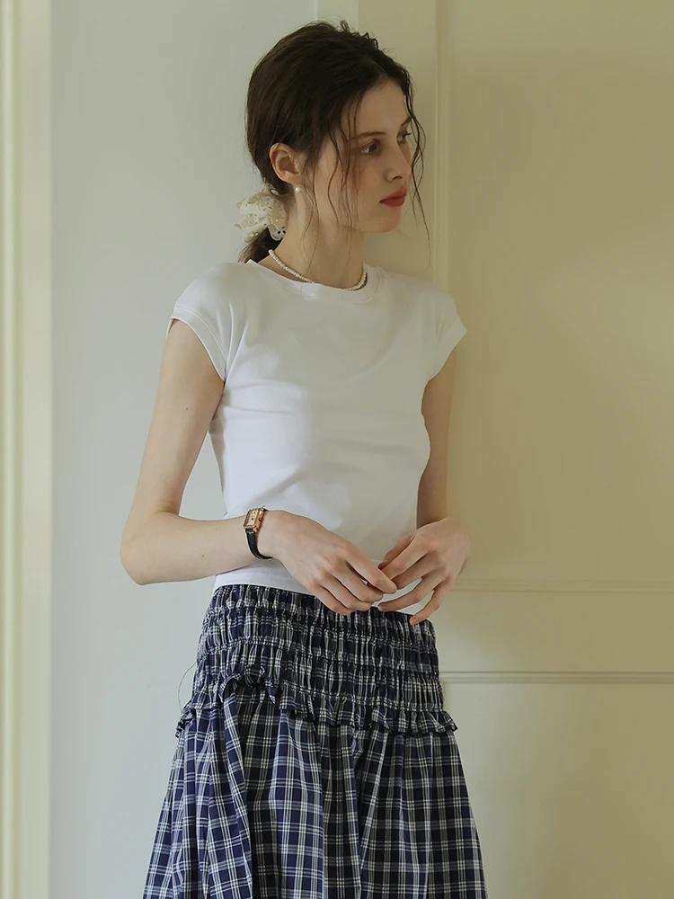 

Spring White Slim Fit Short Sleeve T-Shirt Women's Summer New Skin-friendly Breathable Elasticity Flying Sleeve Top