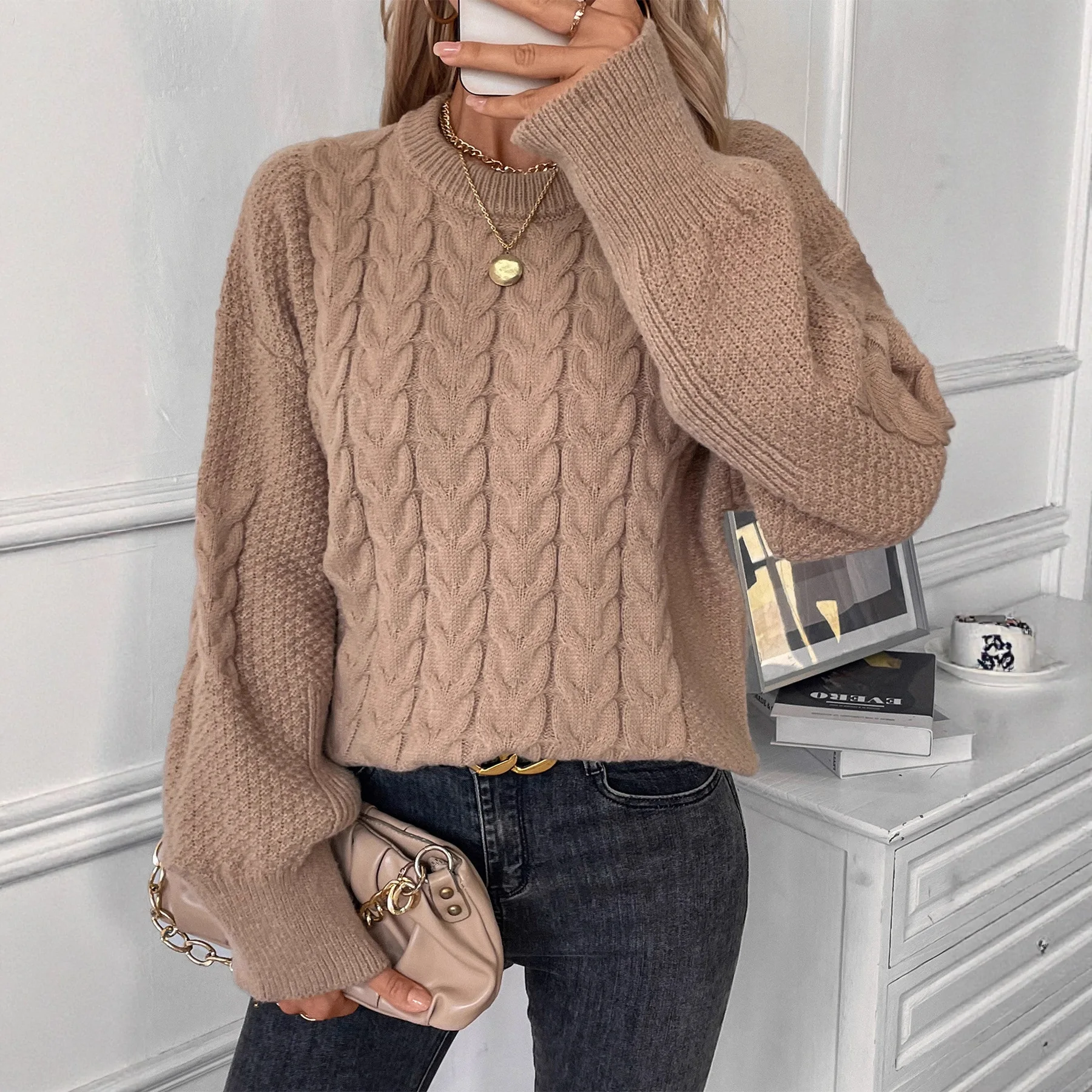 

Women's Overhead Knitted Sweater Casual Loose Round Neck Pure Color Twist Autumn Winter New Style Comfortable Outerwear Top