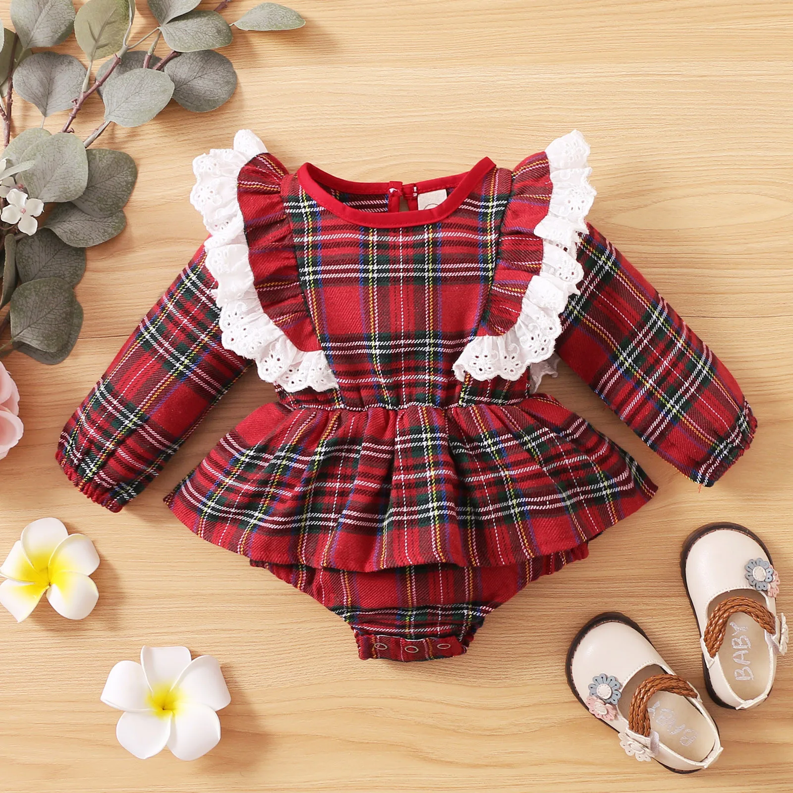 Baby Girl Christmas Bodysuits Long Sleeve Red Plaid Ruffle Lace Bodysuits Jumpsuit 2024 New Xams Baby Girl's Cosplay Clothes