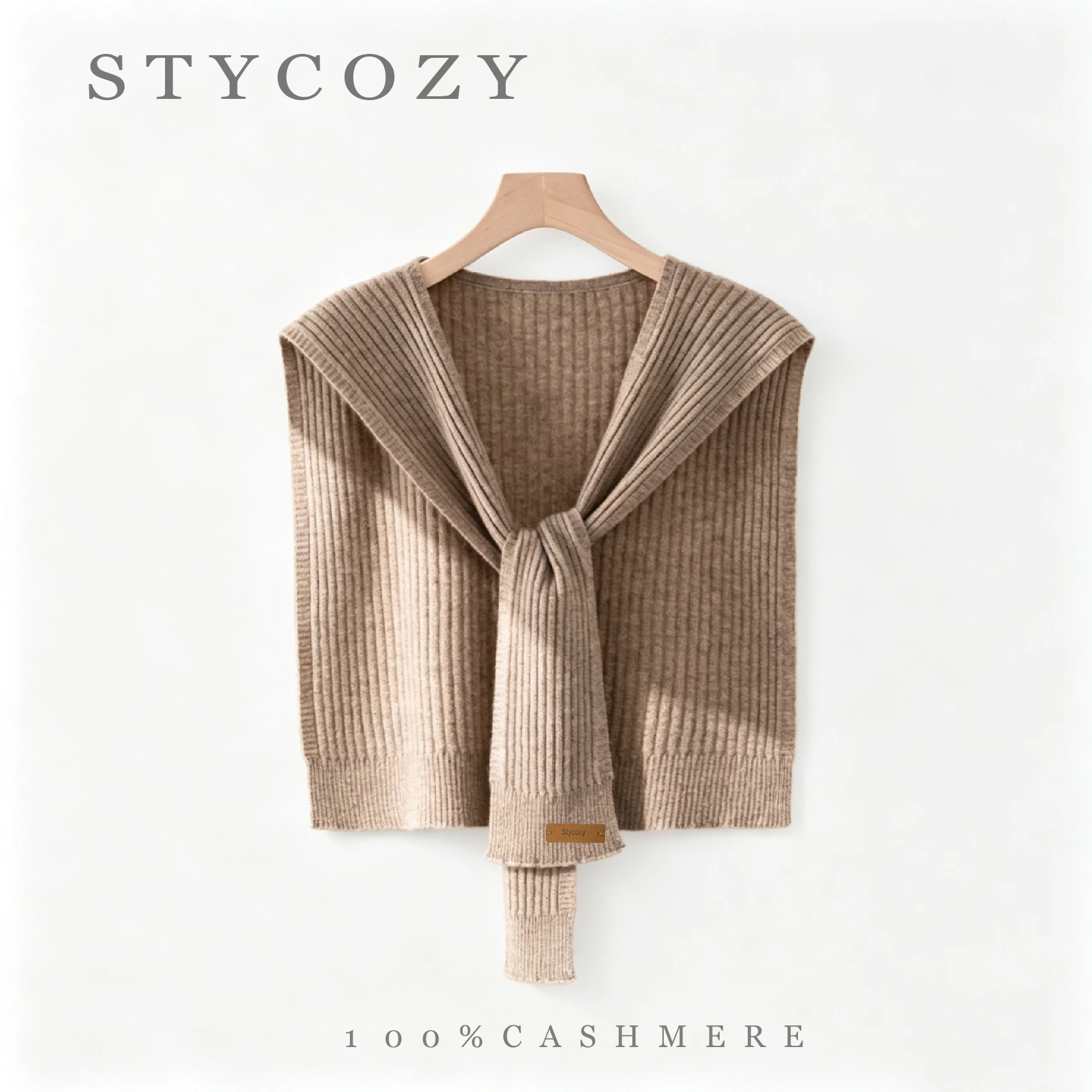 Women100%Cashmere Rib Tie Knit Shoulder Shawl Solid Vertical Texture Wrap Shirt Blouse Matching 4Seasons Daily Layering Outfit