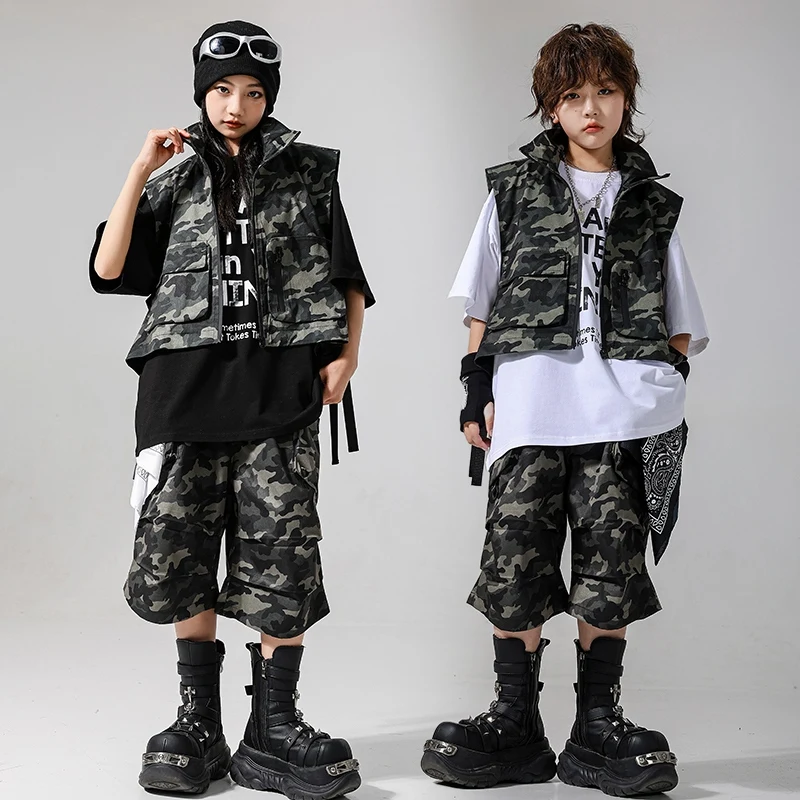 

Children's Clothing Street Dance Performance Outfit Camouflage Streetwear Hip Hop Oversize Black Tops Kids Jazz Costumes VDL3433