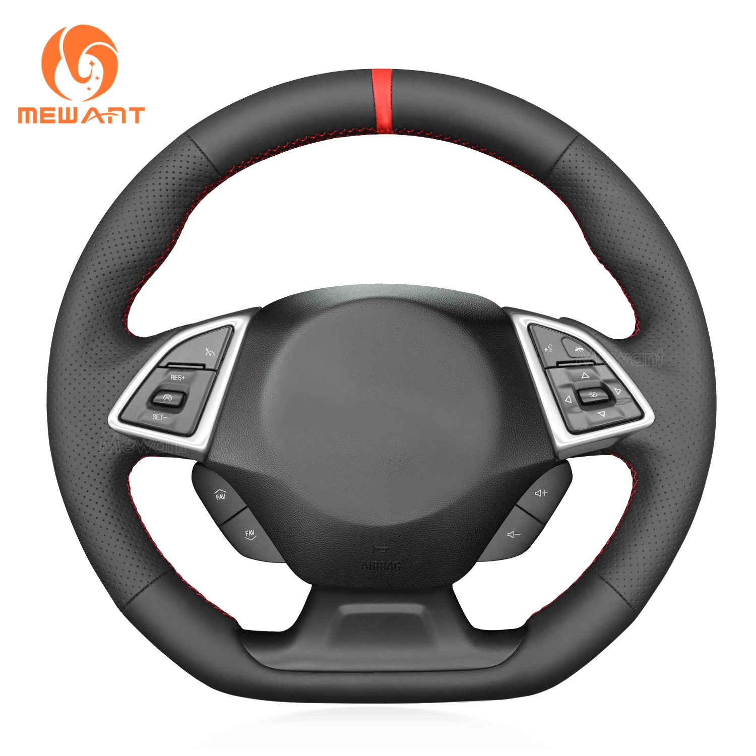 MEWANT Black Real Genuine Leather Car Steering Wheel Cover for Chevrolet Camaro 2017-2022