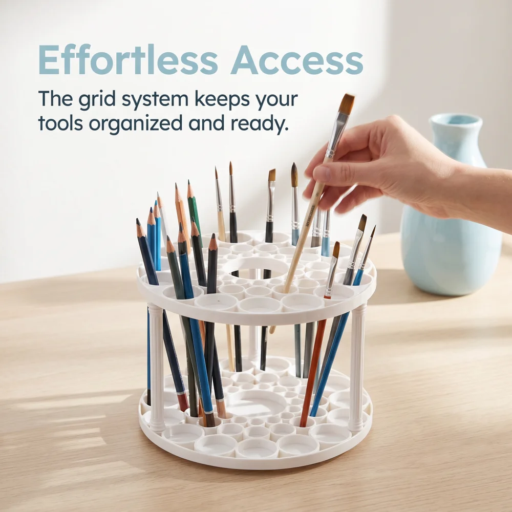 Round Brush Holder Stand, Desk Organizer for Paint Brushes, Pens & Makeup Brushes, Art Storage Rack