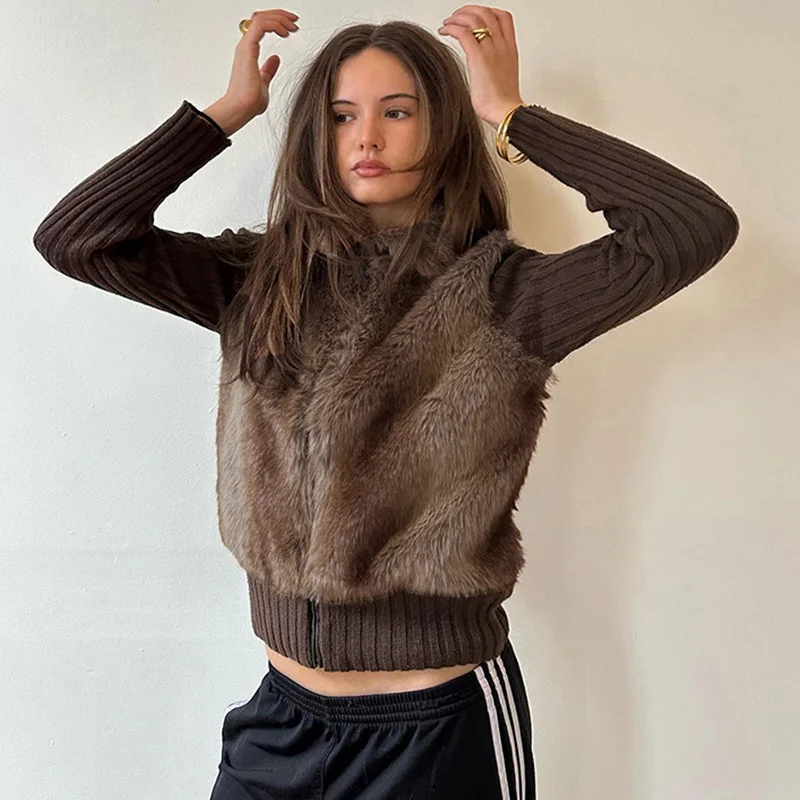 

Ticketsx Fashion Plush knit Patchwork Jacket Coat New Autumn Winter Lapel Zipper Slim Coat Women Vintage Streetwear Warm Jacket