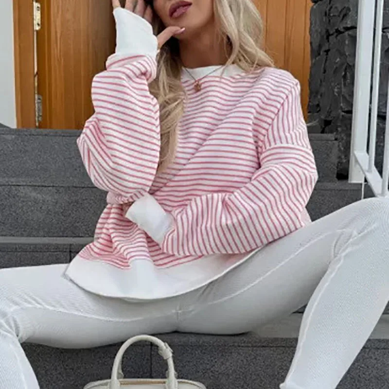 

2025 Casual Loose Simple Sweatshirts for Women Fashion O-neck Stripe Printed Pullovers Autumn New Long Sleeve Lady Commute Tops