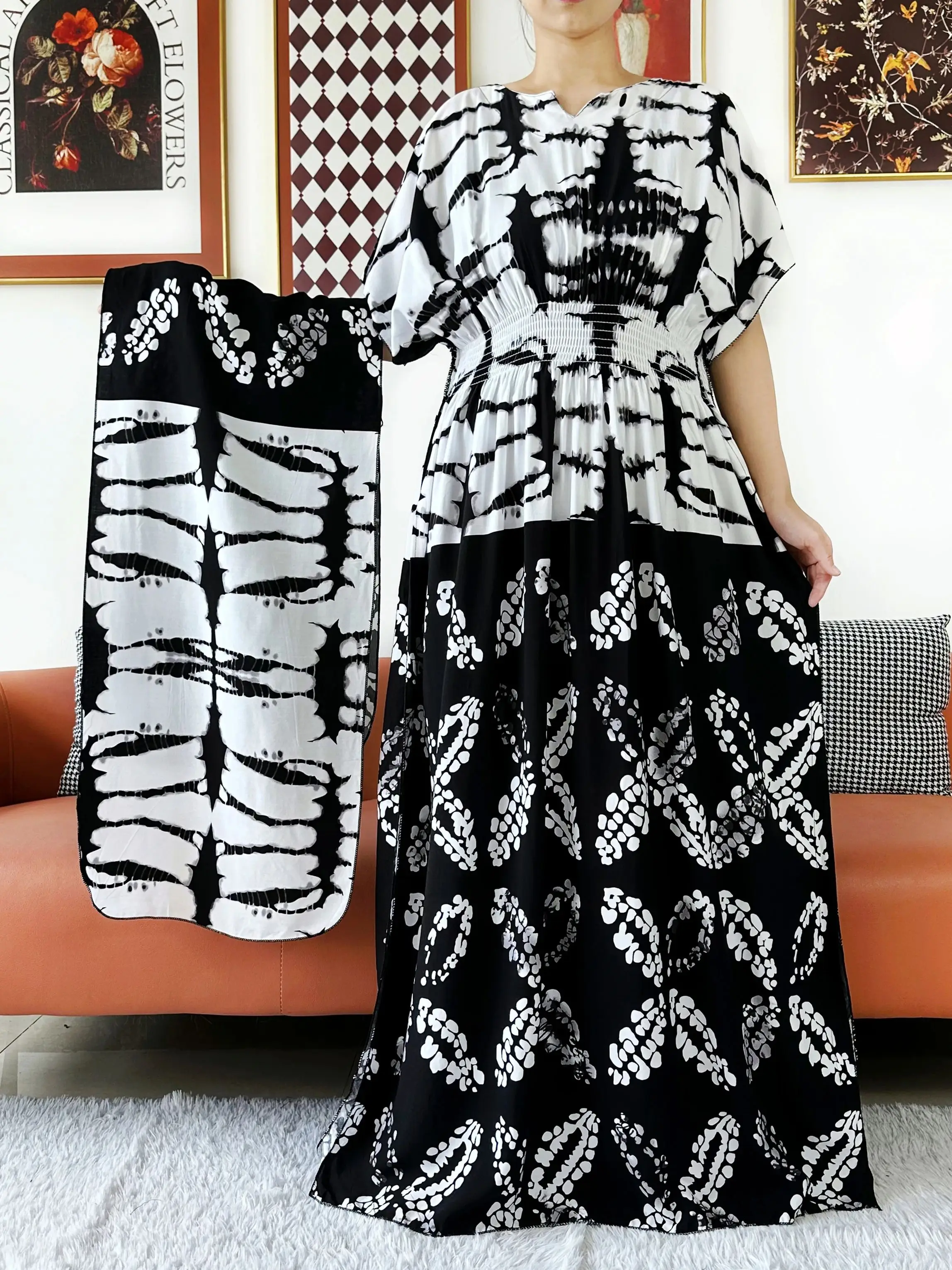 2025 New Muslim Abaya Summer Dress Short Sleeve Collect Waist Floral Loose Boubou Maxi Islam Women Dress African Abaya Clothing