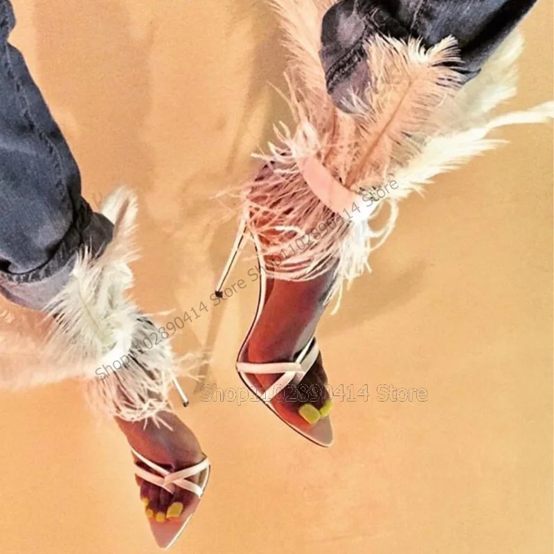 Orange Feather Decor Flip Flop Sandals Back Zipper Women Shoes Thin High Heels Novel Sexy Party Runway 2023 Zapatos Para Mujere