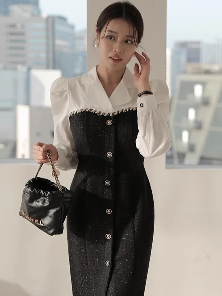 Korea Chic Autumn Temperament Small Fragrant Wind Suit Collar Contrast Edge Vestidos Waist Slim Long Sleeve Bodycon Dress Female