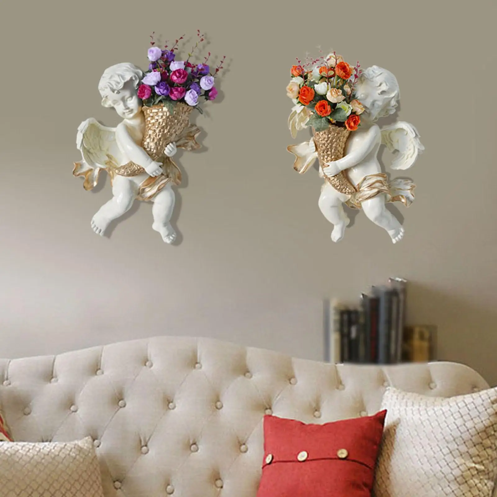 Angel Flower Pot Wall Art Ornaments with Fake Flowers Gift Organizer Plant Containers Angel Sculpture for Kitchen Garden Home